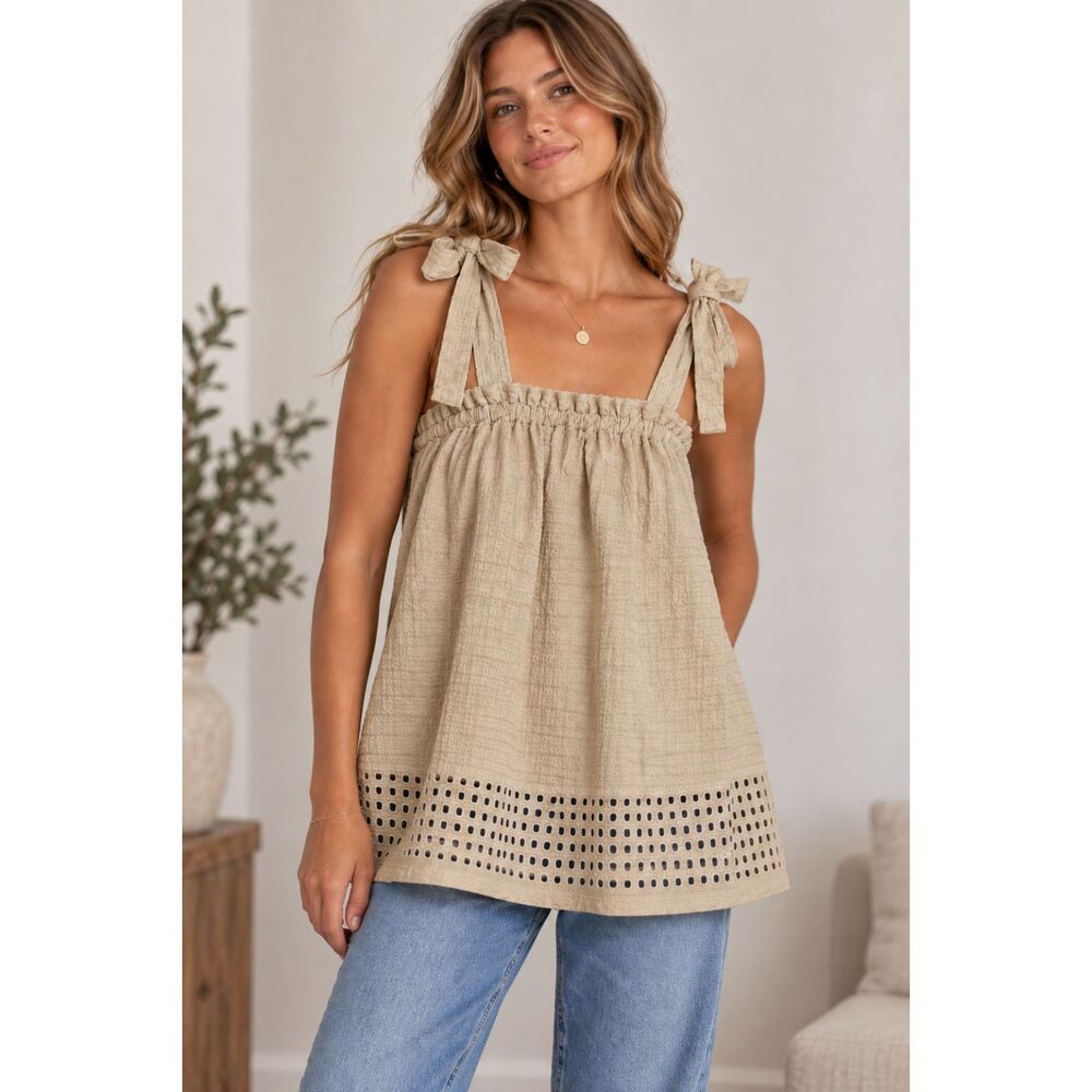 Innika Choo Beige Women's Cotton Sleeveless Top Shirt One Size